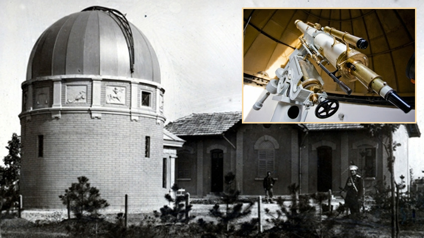 26.XI.1899 tarihinde astronomi asistanı Yordan Kovaçev’in çektiği rasathane fotoğrafı. Küçük fotoğrafta 1897 yılından beri rasathanede çalışan 15 cm. refaktör.