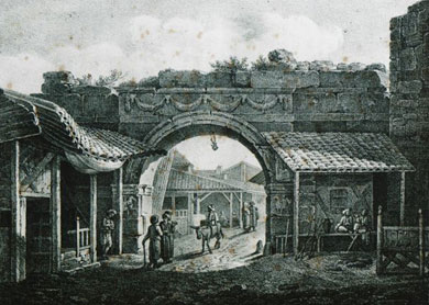 Η Πύλη του Βαρδάρη – γκραβούρα του βιβλίου „Ταξίδι στη Μακεδονία”, 1831, του γάλλου επιστήμονα και διπλωμάτη Ε. Μ. Κουζινερί. Στα τέλη του 19ου αιώνα η περιοχή γύρω από την πύλη είναι κατά κύριο λόγο βουλγαρική συνοικία.