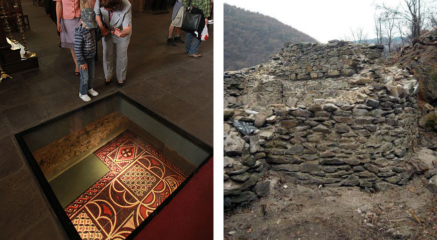Подземният археологически музей под базиликата „Света София” (ляво) и крепостта Урвич (дясно). Снимка: архив