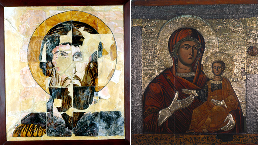 Die Keramik-Ikone des heiligen Theodor aus dem 10. Jh. und Muttergottes-Ikone aus dem 14. Jh.