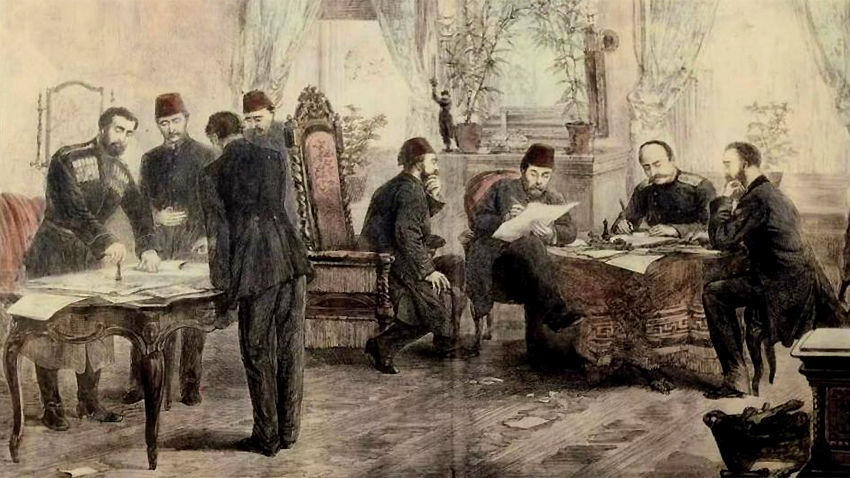 The signing of the San Stefano peace treaty, colour print
