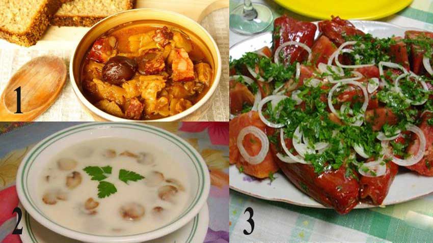 1- Porc with prunes;  2 -  Tryavna mushroom soup; 3 - Tryavna salad