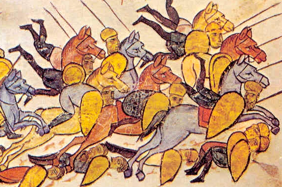 Die Truppe des Wojwoden Momtschil auf dem Kampffeld, mittelalterliche Miniatur