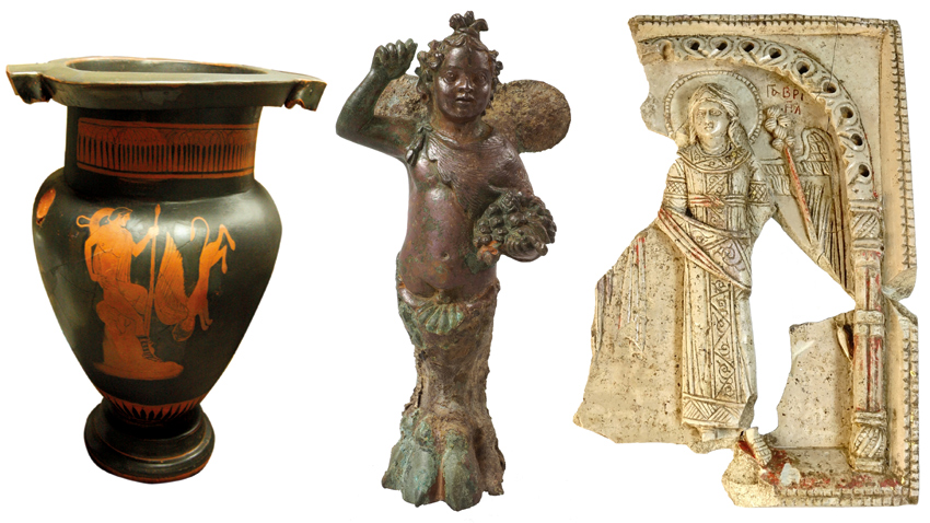 Athenian red-figured krater /a vessel for mixing wine with water/. Second quarter of 5th c. BC. Apollonia Pontica, nowadays Sozopol /Southern Black Sea coastline/; Bronze figures of Eros. Roman epoch, 1st c. AD, Antique Serdica – St. Nedelya Square, Sofia; Steatite icon of Archangel Gabriel, end of 10 – 9th c. Medieval settlement of Trapezitsa.
