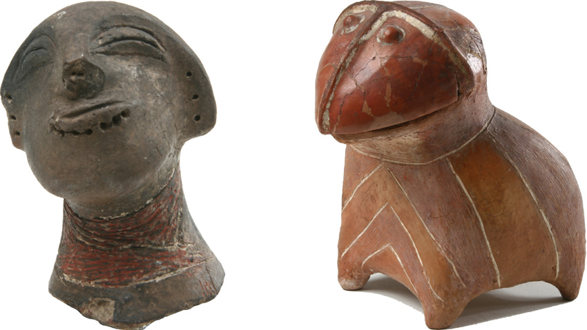 Kopf einer keramischen anthropomorphen Figur und ein keramisches zoomorphen Gefäß aus dem Siedlungshügel Karanowo, 5. Jt. v. Chr.