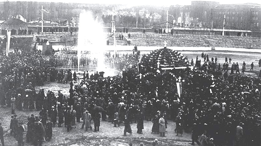 The opening of Rila Waterway with a fountain on Yunak stadium, downtown Sofia, April 23, 1933
