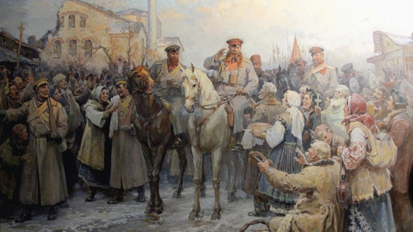 Arrivée solennelle du général Gourko à Sofia, le 4 janvier 1878. Peinture: Dimitar Gudjénov
