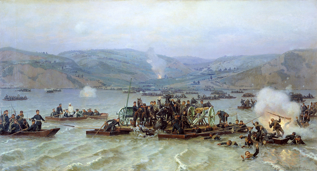 „Преминаване на руската армия през Дунав при Зимница, 15 юни 1877 г.“, художник Николай Дмитриев-Оренбургски.