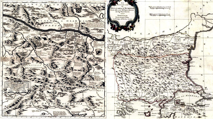 Mapa del Danubio de Viena a Nikopol por Vincenzo Maria Coronelli, 1692; y mapa de las provincias de Bulgaria y Rumelia por Giovanni Rizzi Zannoni, 1781