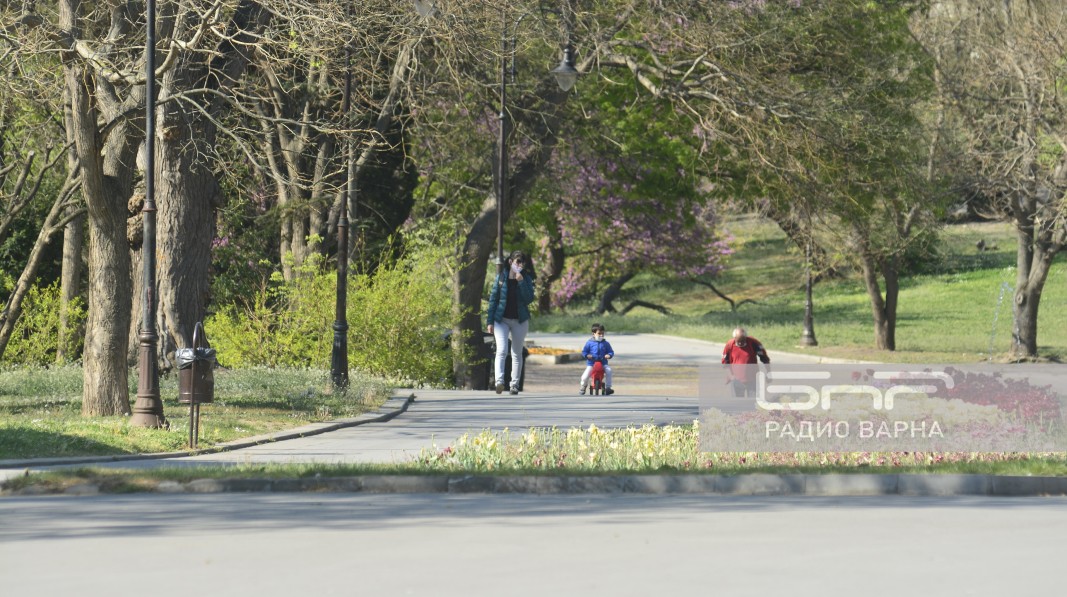 Родители с малки деца с разхождат в Морската градина във Варна
