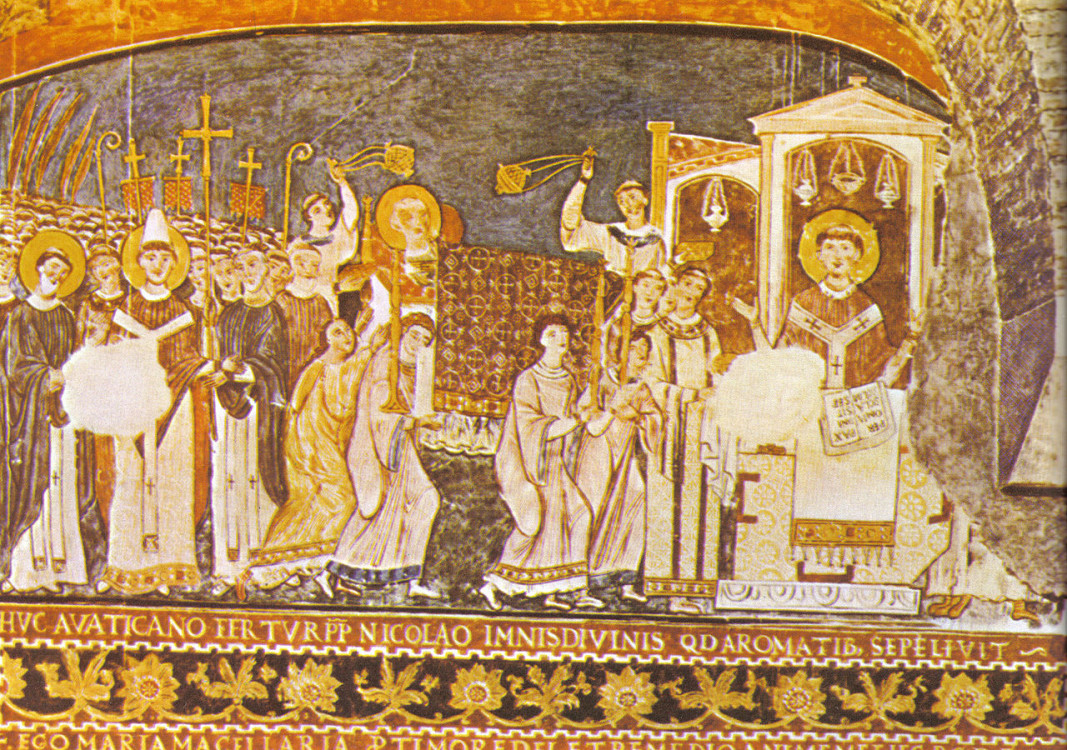 Кирил и Методий донасят мощите на св. Климент в Рим, фреска в базиликата „Сан Клементе” в Рим