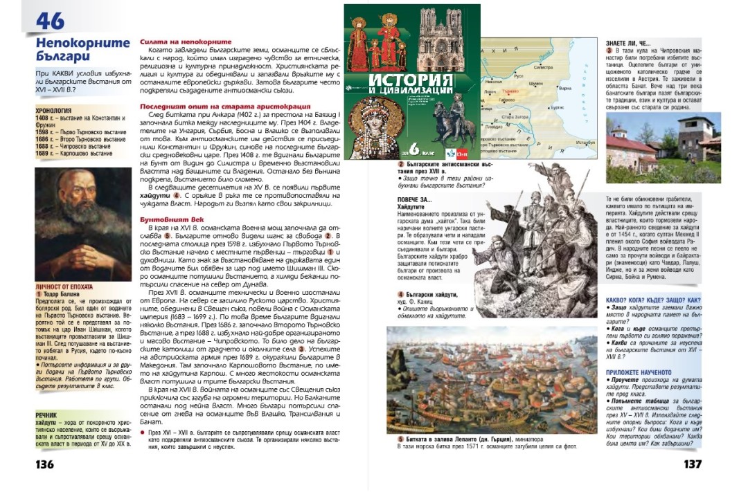 Урок от учебник по история за VI клас за хайдутите и български въстания срещу османската власт.