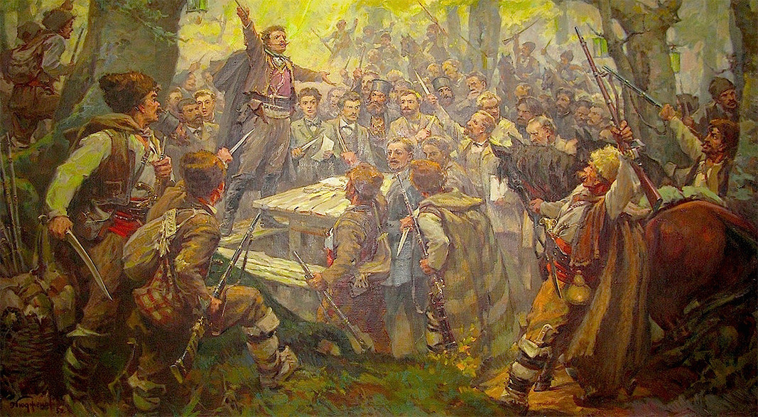 „Събранието на Четвърти революционен окръг в Оборище“, худ. Димитър Гюдженов.