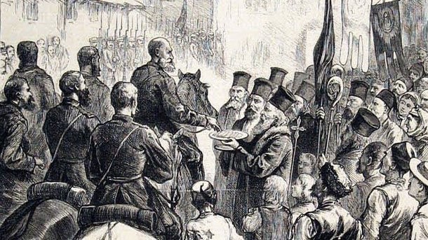 The citizens of Sofia welcome General Gurko and his liberator troops (etching, 1878)