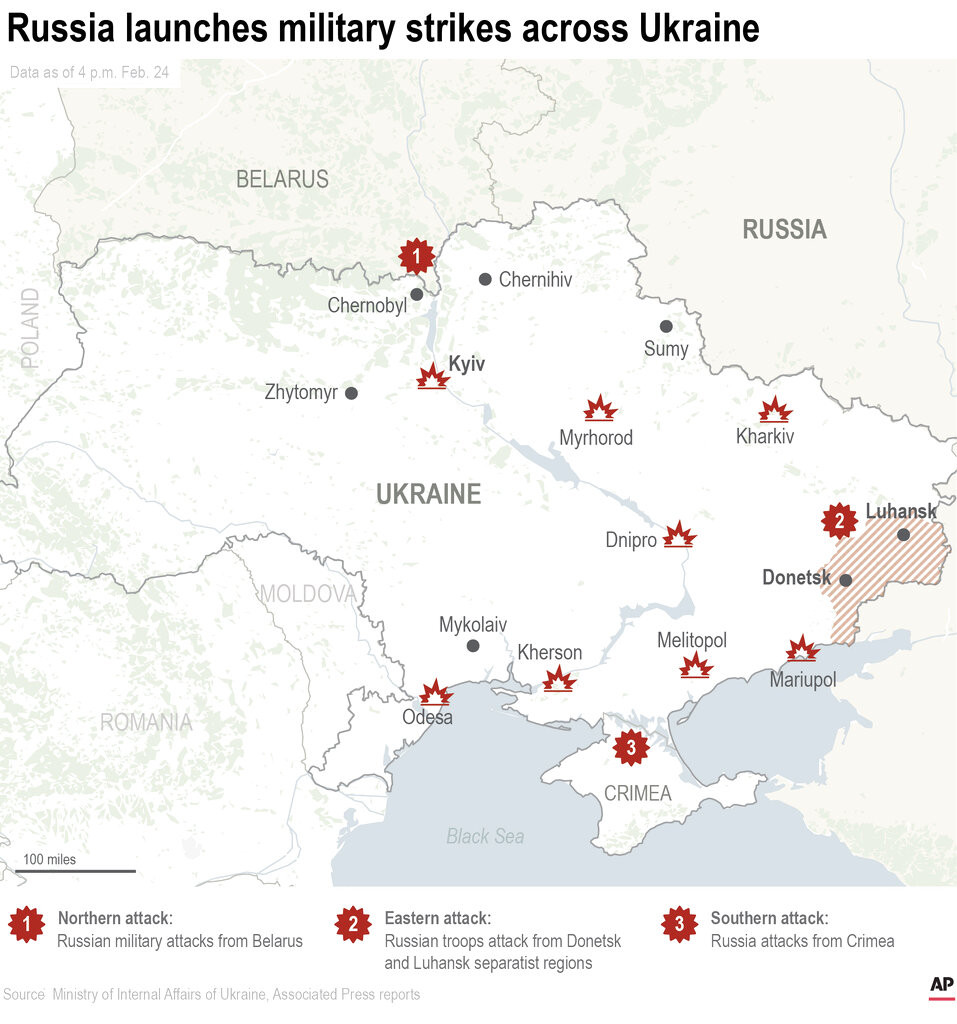  Карта на известните съветски офанзиви на територията на Украйна към среднощ. Графика: АП 