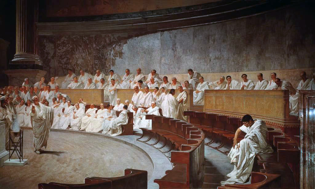Представяне на заседание от Римския сенат: Цицерон атакува Катилина, фреска от 19 век