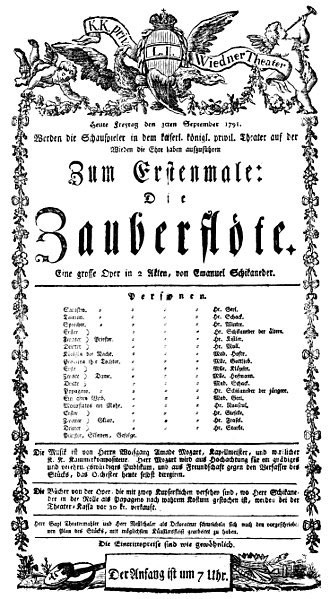 Афиш от първото представление на „Вълшебната флейта“, 30 септември 1791 г. във Виена.