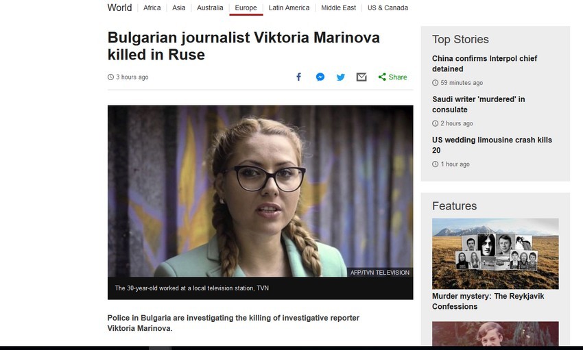 BBC съобщава, че Маринова е третият известен журналист, убит в