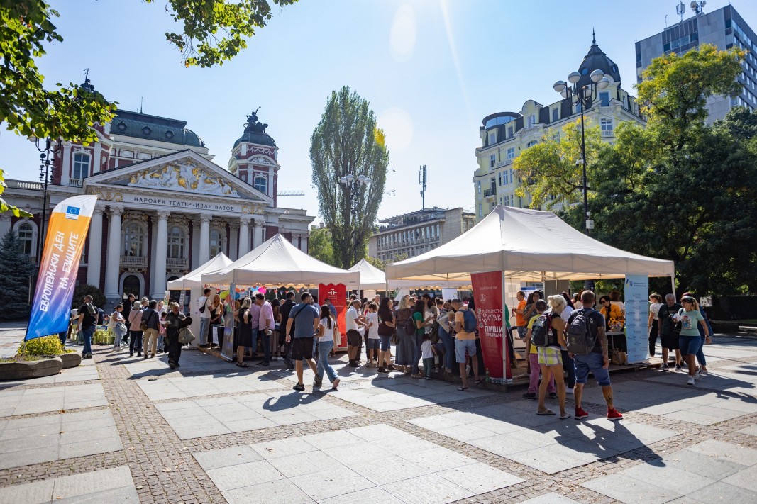 Booths in front of the Ivan Vazov National Theatre in Sofia