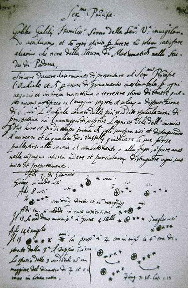 На тази страница Галилей за първи път отбелязва наблюдението на спътниците на Юпитер