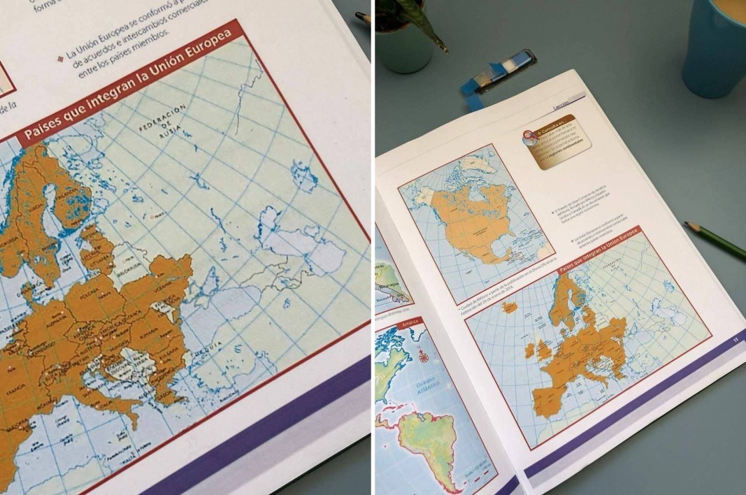 Карти в социални мрежи, разпространявани с твърдението, че са от испански учебник и в границите на Русия са включени територии, извоювани от Украйна