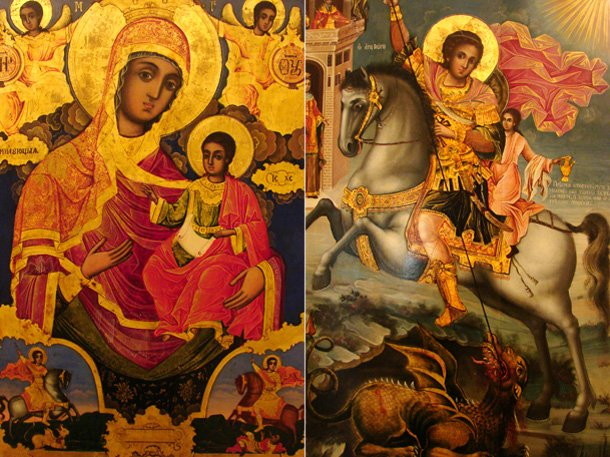 Света Богородица с младенеца със Св. Георги и Св. Димитър на коне. Свети Георги на кон.