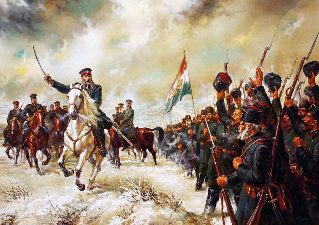 „El Gen. Gurko felicita a los voluntarios búlgaros“, óleo sobre lienzo del pintor Vasil Goranov (2013)