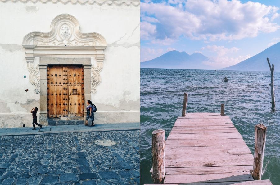 Антигуа, Гватемала (вляво) и езерото Атитлан, Гватемала (вдясно)