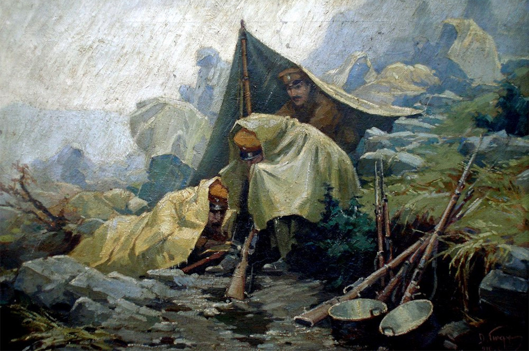 „Дождь на фронте“ – 1916 г., художник Димитр Гюдженов
