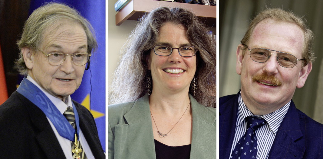 Тримата нобелисти по физика за 2020 г. - Роджър Пенроуз, Андреа Гец и Райнхард Генцел (от ляво надясно)