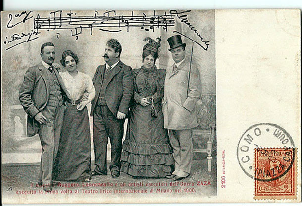 Първите изпълнители на „Заза“ от премиерата от 10.11.1900 г. в Милано: Едоардо Гарбин, Розина Сторкио, Руджеро Леонкавало, Клоринда Пини-Корси и Марио Самарко