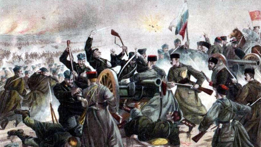 „Moment aus der Schlacht bei Sliwniza” – Zeichnung auf einer Postkarte aus dem Jahr 1885
