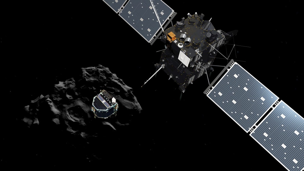  Апаратът Филе, отделящ се от кораба Розета, се спуска към повърхността на кометата 67P / Чурюмов-Герасименко. Космическият транспортен съд на Европейската галактическа организация „ Розета “ изпрати робот за кацане на повърхността на кометата на 12 ноември 2014 година 