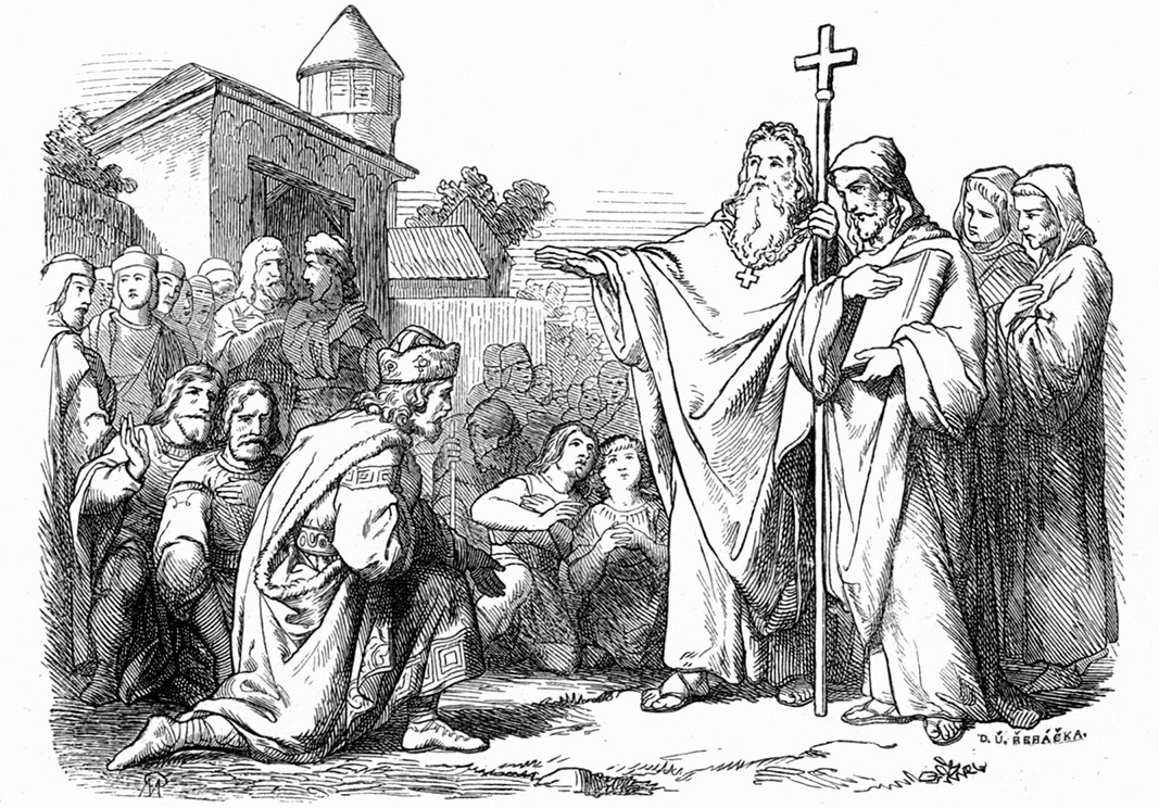 Princi Rostisllav mirëpret Vëllezërit Kirill dhe Metodij në Velehrad, gravurë
