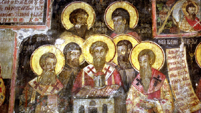 Fresco con los Siete Santos Letrados en el Monasterio de Ardenitsa, Albania
