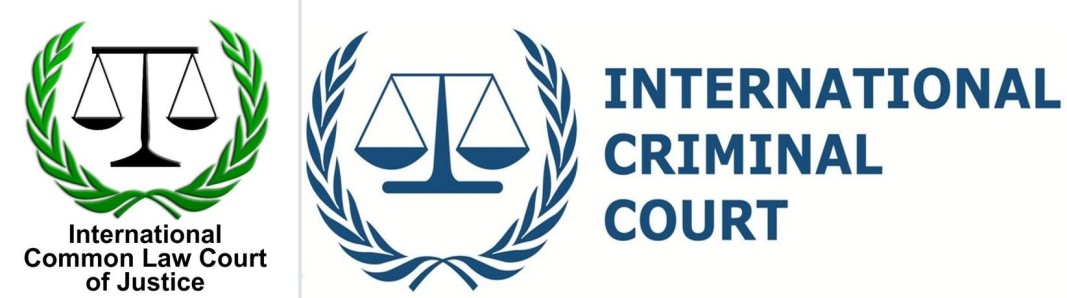 Логото на т.нар. Международен съд по общо право (вляво) до логото на легитимния Международния наказателен съд