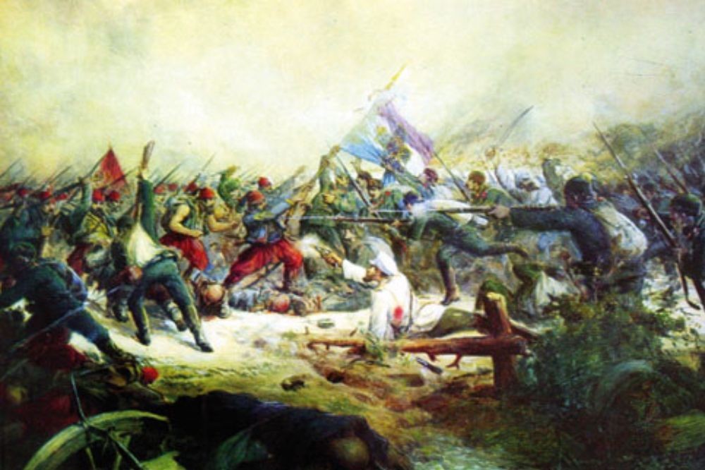 Picture of the historical painting of the battle by the town of Stara Zagora (Eski Zaara) in 1877. Painted by Bulgarian artist Peter Morozov in 1909.