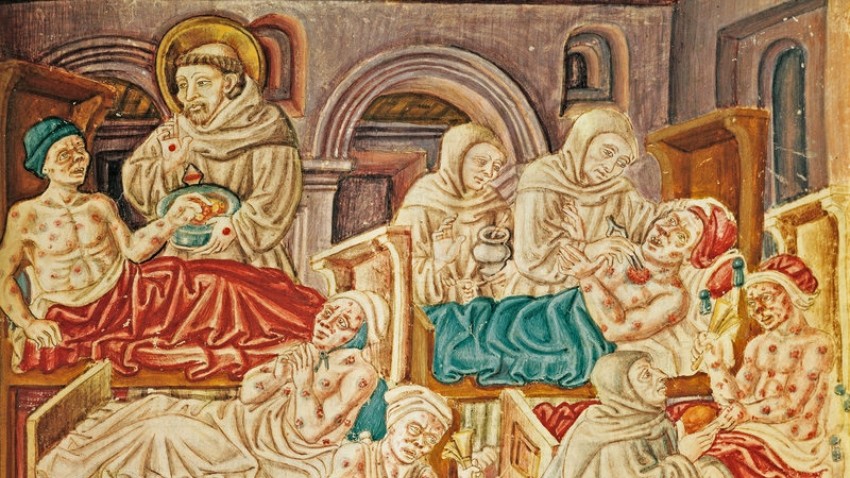 Behandlung Pestkranker, Darstellung aus „La Franceschina“ von 1474, der Ordenschronik des Franziskaners Jacopo Oddi