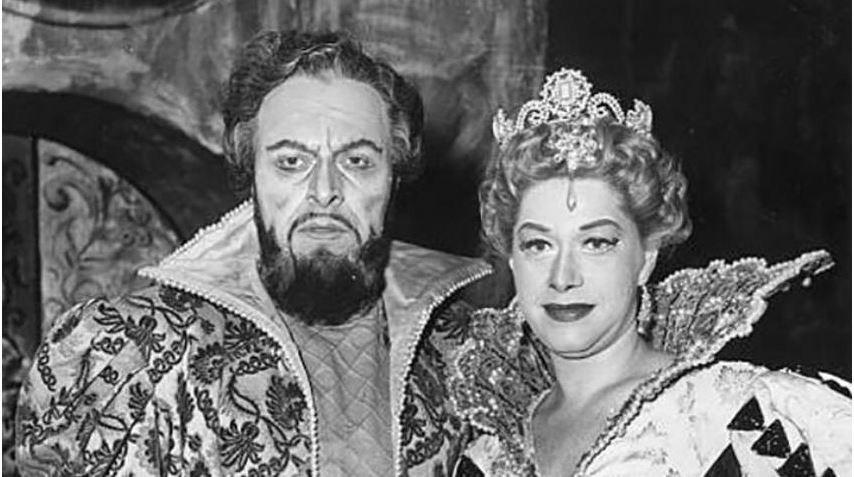 Boris Christoff as Tsar Boris Godunov from Mussorgsky's opera of the same name, after a performance at Covent Garden - London on 30.10.1958, together with Regina Resnik.