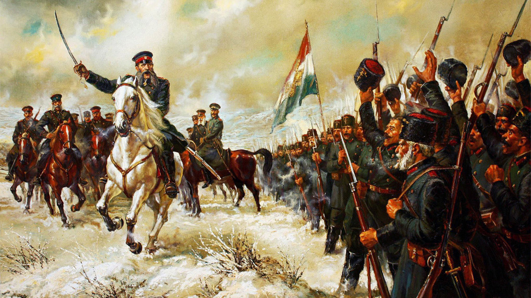 El general Gurko saludando a los revolucionarios búlgaros de V. Goranov, 1877-1878