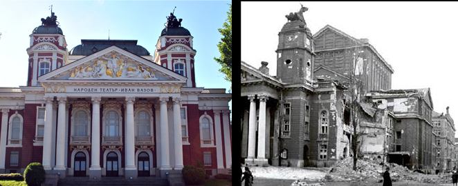 Το Εθνικό θέατρο σήμερα και μετά τους βομβαρδισμούς, οι οποίοι συνεχίστηκαν από τον Ιανουάριο μέχρι τον Απρίλιο 1944