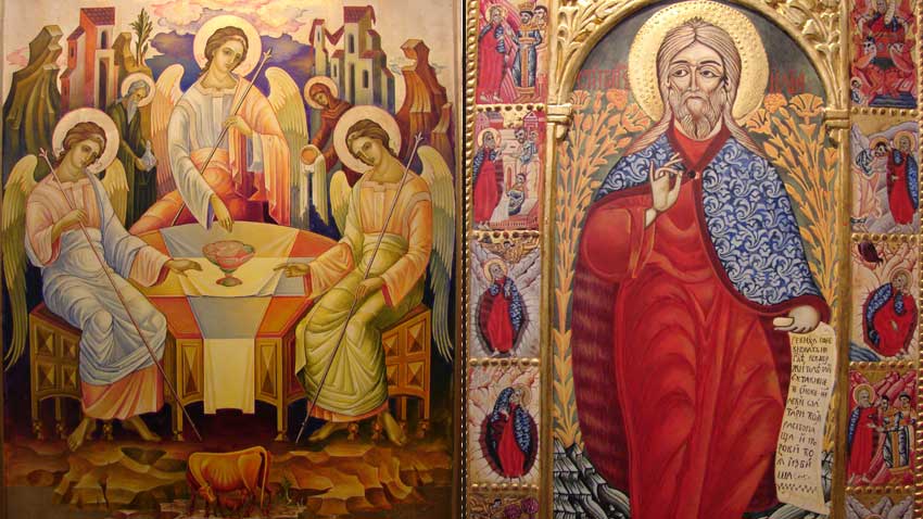 Αριστερά – «Η Αγία Τριάδα της Παλαιάς Διαθήκης» της Μαρία Κούντσεβα, δεξιά – «Ο Άγιος Ηλίας και σκηνές του βίου του» της Παολίνα Γκάντσεβα