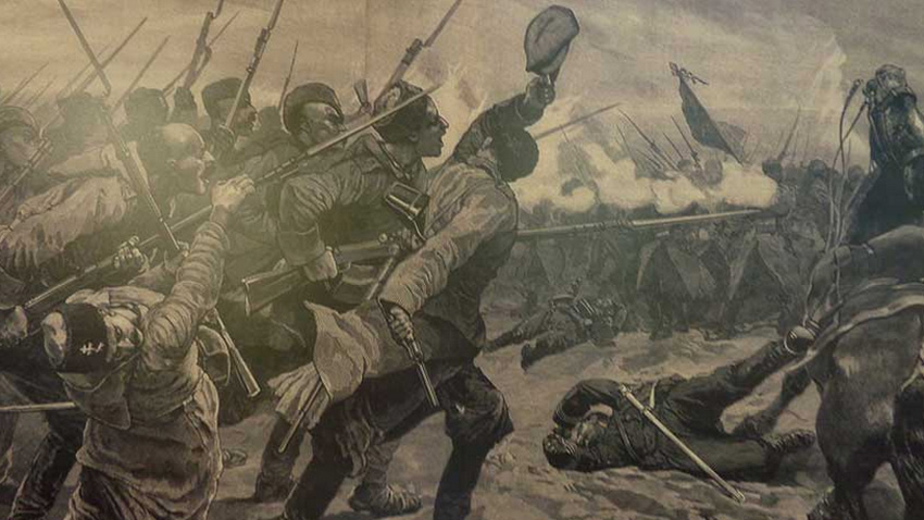 La batalla en Tsaribrod, por bosquejos de M. Bernard, The Illustrated London News, 1886