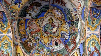 Jesus Christus Pantokrator, eine Wandmalerei in der Vorhalle der Mariä-Geburt-Kirche im Rila-Kloster