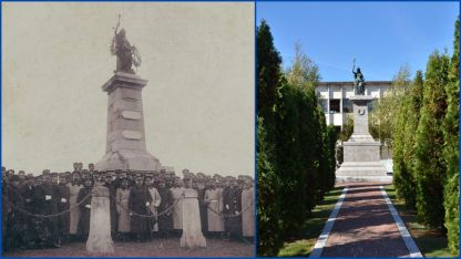 Откриването на паметника на румънските воини в село Смърдан /вляво/ и паметникът в Оряхово днес.