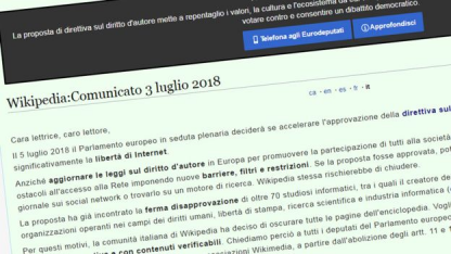 Обръщение срещу проектозакон на ЕС посреща посетителите на сайтовете на италиански език на Уикипедия.