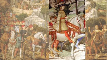 Фрагмент от стенописа, на който се предполага, че е изобразен Лоренцо ди Медичи, яхнал бял кон.