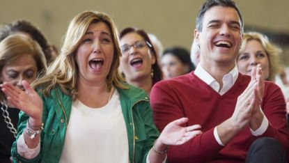 Сусана Диас и Педро Санчес във веселите дни на предизборната кампания. Сега Диас - влиятелната ръководителка на Андалусия, вече е в конкуренция със Санчес за ръководството на социалистите