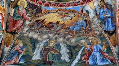 Свети Илија вози кочијама, зидна слика у Рилском манастиру