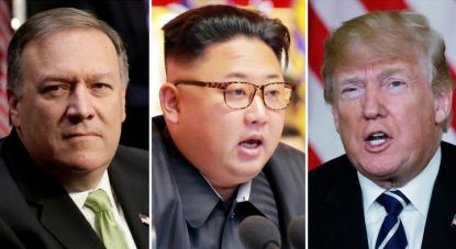 Според US медии визитата на шефа на ЦРУ Майк Помпейо (вляво) в Пхенян целяла да подготви срещата между Доналд Тръмп (вдясно) и Ким Чен-ун (в средата).